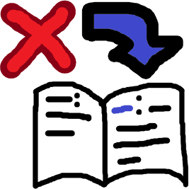 A blue arrow points from a red X to an open book. The open book has on each page a short line before a colon before more lines, representing text and definitions. The short line on the right page is blue.